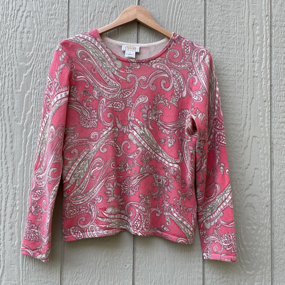 VTG TALBOTS Sweater Womens Large Petite Red Cashmere Silk Paisley Pullover Cozy